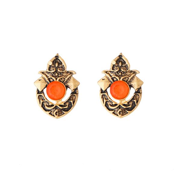 Kriaa Antique Gold Plated Orange Opaque Stone Stud Earrings - 1312218E