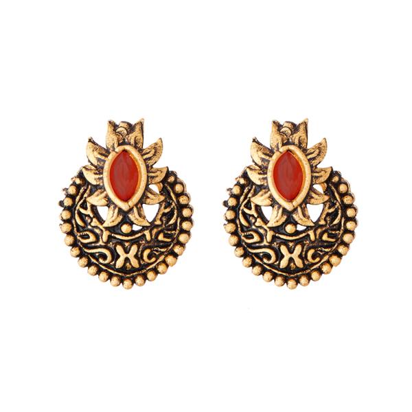Kriaa Antique Gold Plated Maroon Opaque Stone Stud Earrings - 1312219C