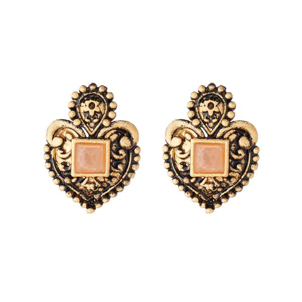 Kriaa Opaque Stone Antique Gold Plated Stud Earrings - 1312221D