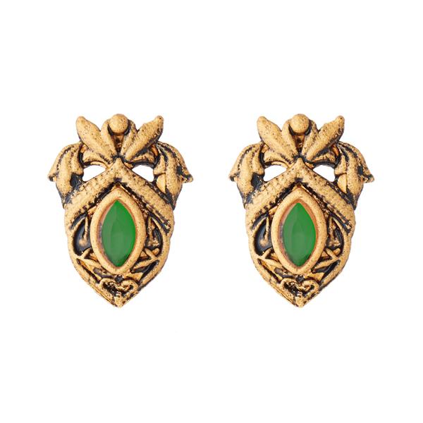 Kriaa Green Opaque Stone Antique Gold Stud Earrings - 1312223B