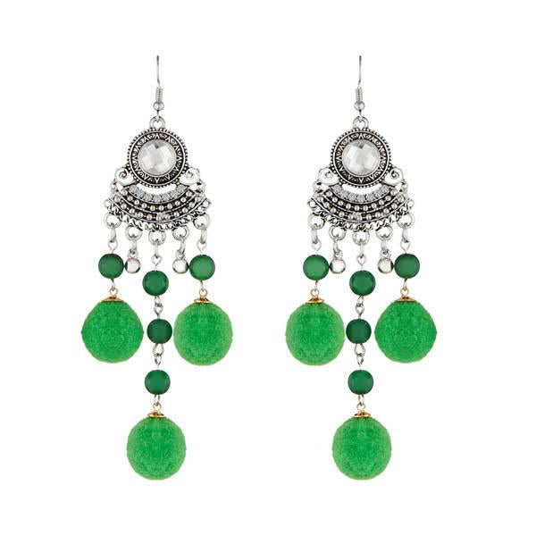 Tip Top Fashions Rhodium Plated Green Thread Earrings - 1312303B
