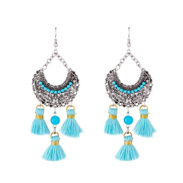 Jeweljunk Blue Beads Rhodium Plated Thread Earrings - 1312306C