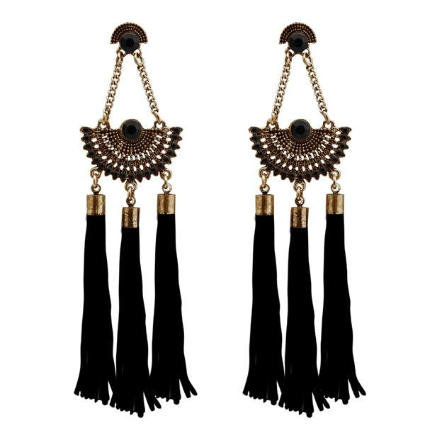 Tip Top Fashions Antique Gold Plated Black Stone Thread Earrings - 1312316A