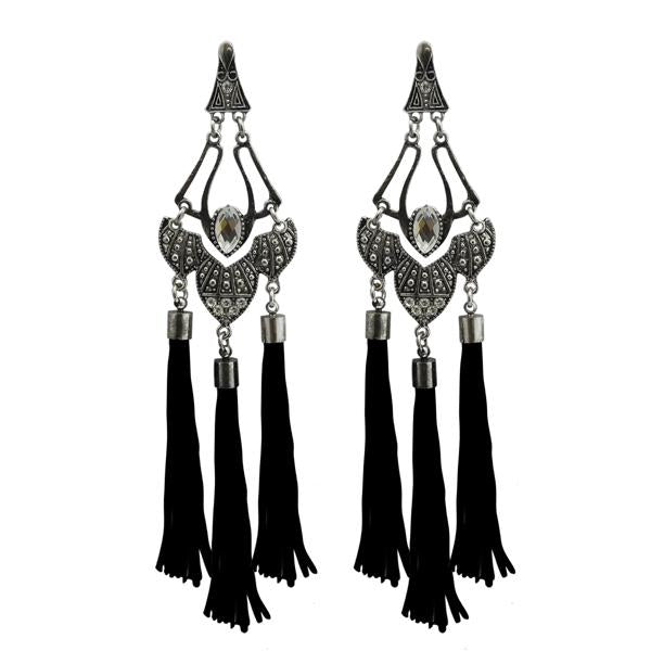 Jeweljunk Black Thread Rhodium Plated Earrings