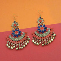 Jeweljunk Blue And Orange Silver Plated Meenakari Afghani Earrings - 1312403G