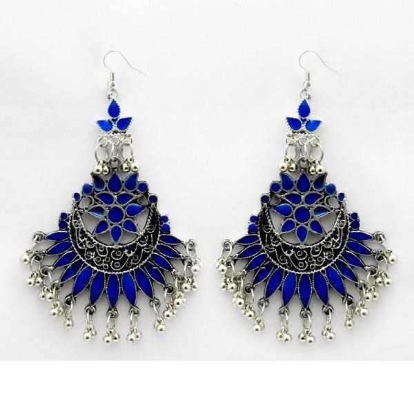 Jeweljunk Blue Meenakari Rhodium Plated Afghani Earrings - 1312411B