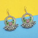 Jeweljunk Green And Maroon Silver Plated Meenakari Afghani Earrings - 1312427B