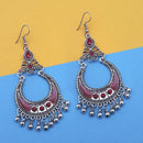 Jeweljunk Maroon Silver Plated Meenakari Afghani Earrings - 1312432B