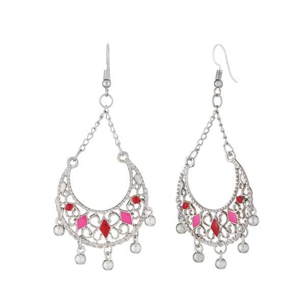 Jeweljunk Rhodium Plated Pink Meenakari Afghani Earrings - 1312501A