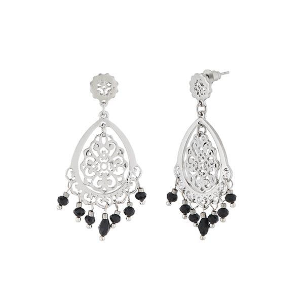 Urthn Black Beads Silver Plated Dangler Earrings - 1312514B