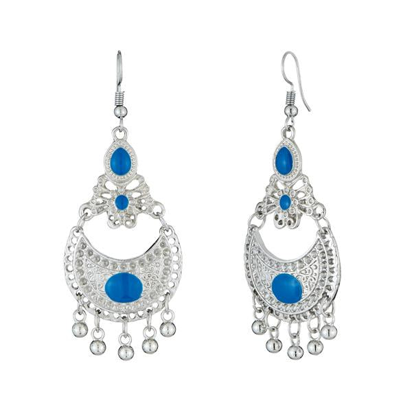 Jeweljunk Blue Meenakari Rhodium Plated Afghnai Earrings - 1312529D