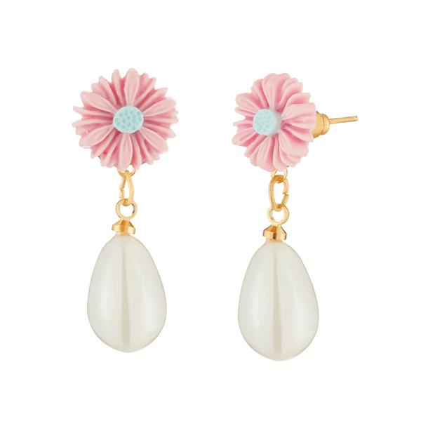 Kriaa Gold Plated Pink Floral Pearl White Dangler Earrings - 1312802A