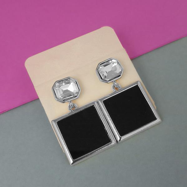 Urthn Austrian Stone Silver Plated Black Enamel Dangler Earrings - 1312819B