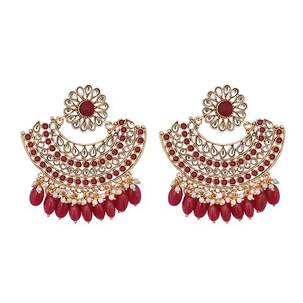 Kriaa Maroon Kundan And Pearl Gold Plated Dangler Earrings - 1312911I
