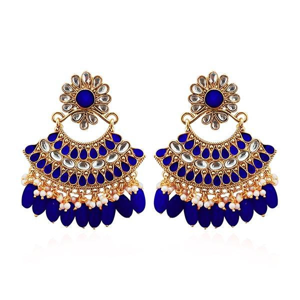 Kriaa Blue Kundan Stone Gold Plated Dangler Earrings - 1312916E