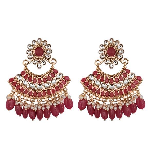 Kriaa Maroon Kundan And Pearl Gold Plated Dangler Earrings - 1312916I