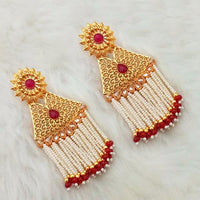 Kriaa Gold Plated Maroon Stone Pearl Drop Dangler Earrings - 1312936B