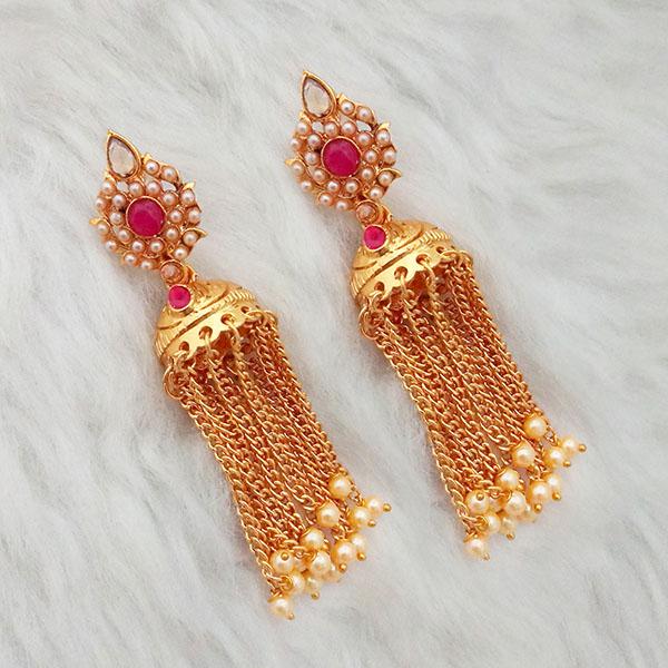 Kriaa Pink Ruby Stone Gold Plated Pearl Drop Jhumki Earrings - 1312943B