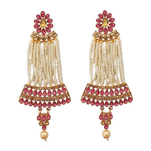 Kriaa Gold Plated Pink Austrian Stone Pearl Dangler Earrings - 1312950C