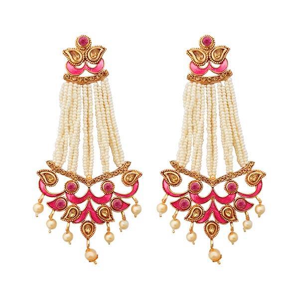 Kriaa Pink Meenakari Austrian Stone Pearl Dangler Earrings - 1312951C
