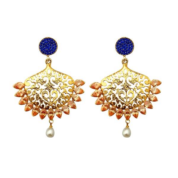 Kriaa Gold Plated  Blue AD Stone Pearl Drop Dangler Earrings - 1313031