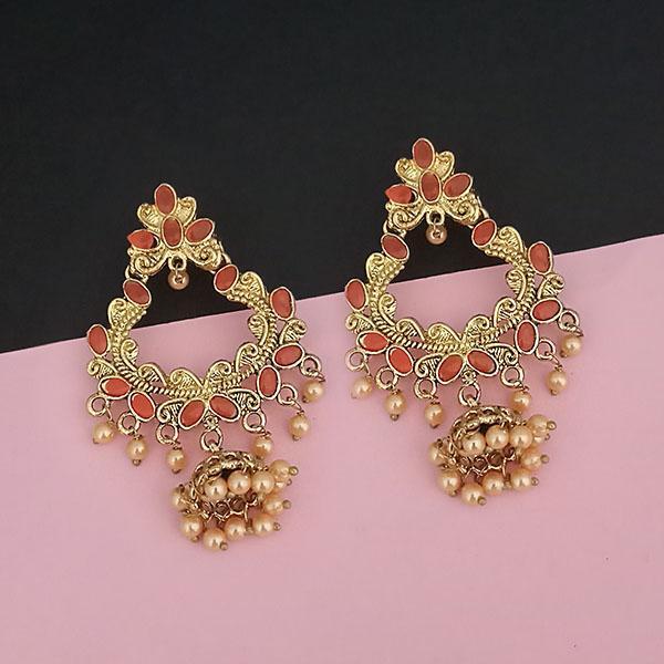 Kriaa Gold Plated Orange Kundan And Pearl Dangler Earrings - 1313049A