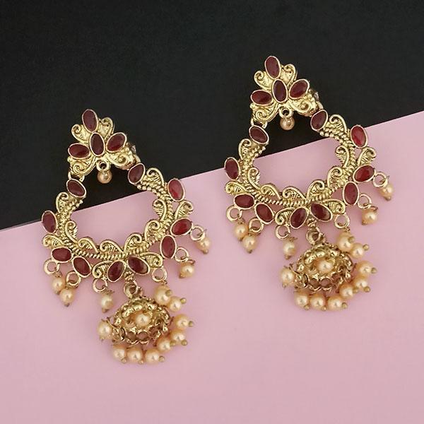 Kriaa Gold Plated Maroon Kundan And Pearl Dangler Earrings - 1313049G