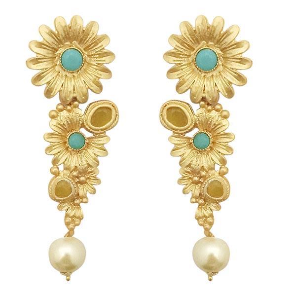 Kriaa Blue Pota Stone Gold Plated Floral Dangler Earrings - 1313109C