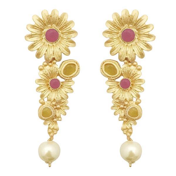 Kriaa Pink Pota Stone Gold Plated Floral Dangler Earrings