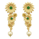 Kriaa Green Pota Stone Gold Plated Floral Pearl Dangler Earrings