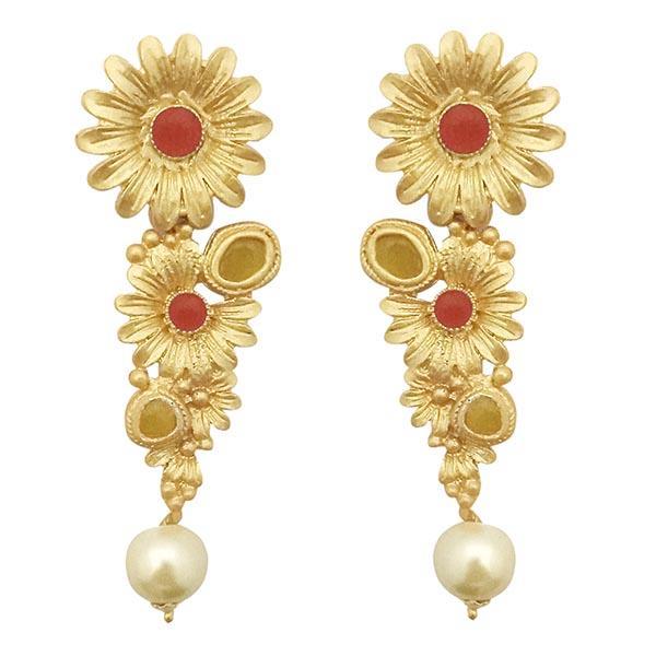Kriaa Red Pota Stone Gold Plated Floral Pearl Dangler Earrings - 1313109F