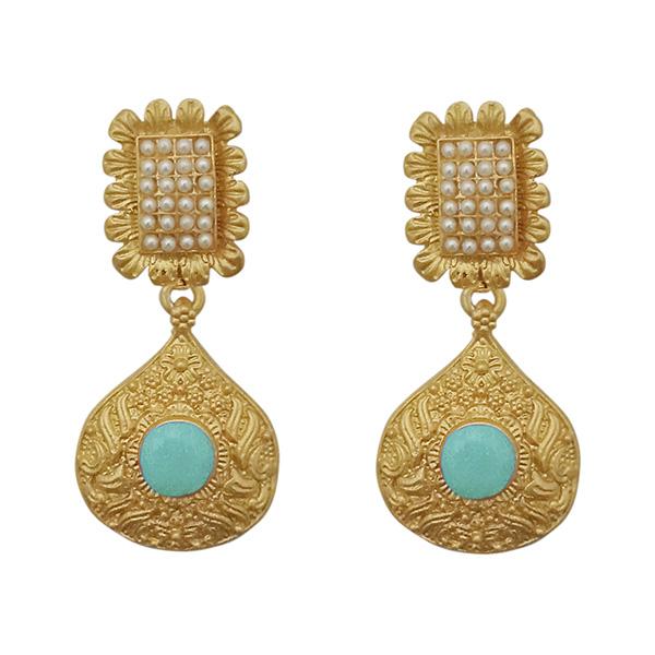 Kriaa Blue Pota Stone Gold Plated Pearl Dangler Earrings - 1313110C