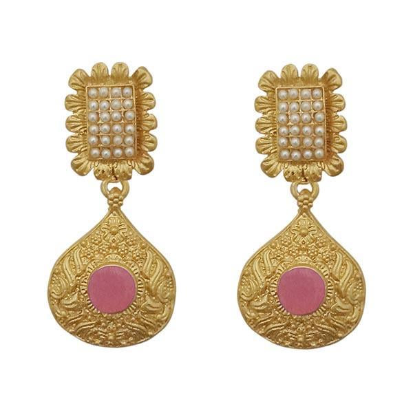 Kriaa Pink Pota Stone Gold Plated Pearl Dangler Earrings