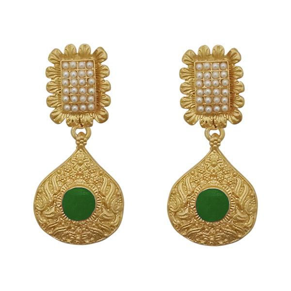 Kriaa Green Pota Stone Gold Plated Pearl Dangler Earrings - 1313110E