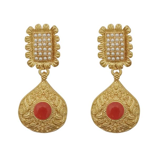 Kriaa Red Pota Stone Gold Plated Pearl Dangler Earrings - 1313110F