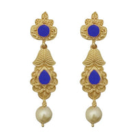 Kriaa Blue Pota Stone Gold Plated Pearl Drop Dangler Earrings