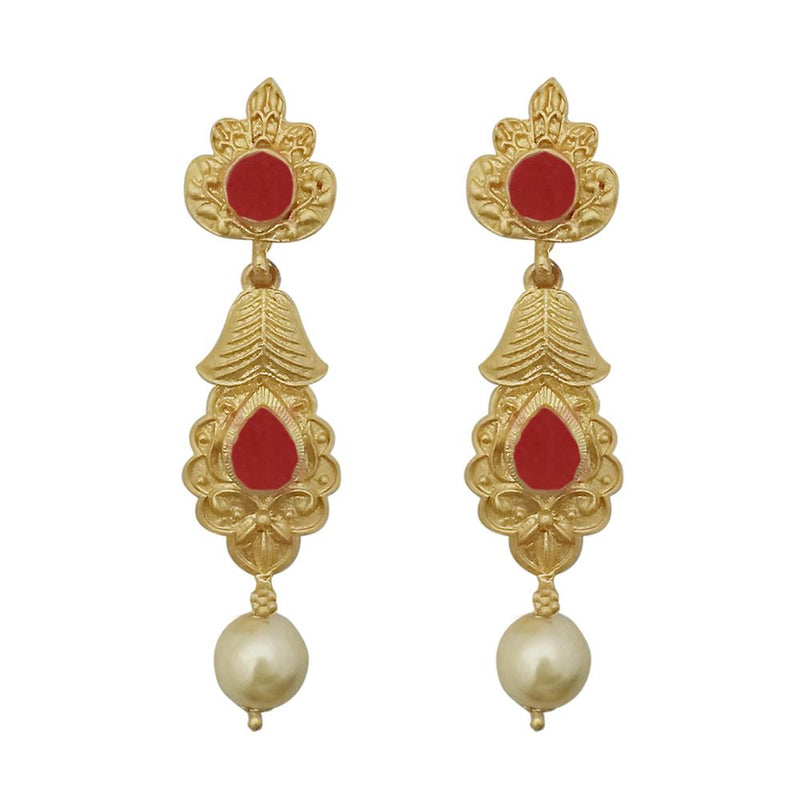 Kriaa Maroon Pota Stone Gold Plated Pearl Dangler Earrings