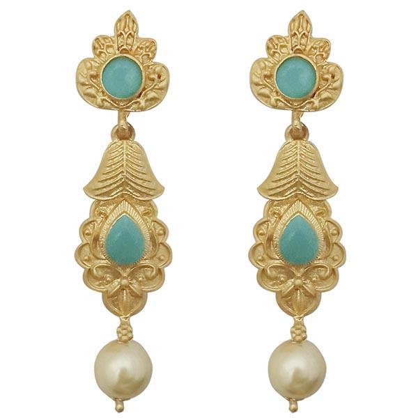 Kriaa Blue Pota Stone Gold Plated Pearl Drop Dangler Earrings - 1313111C