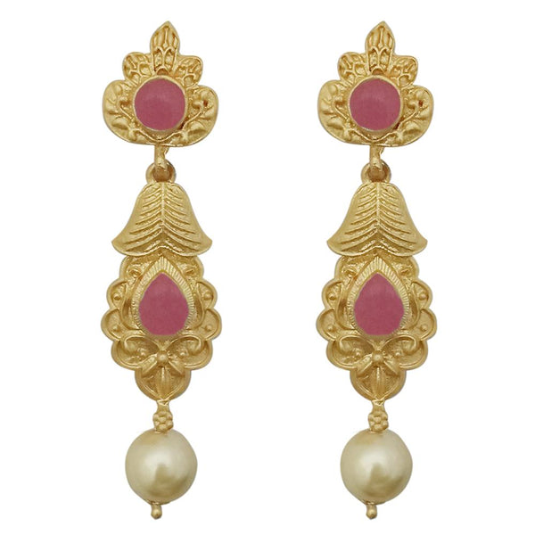 Kriaa Pink Pota Stone Gold Plated Pearl Dangler Earrings - 1313111D