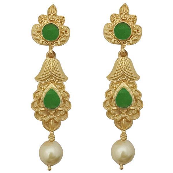 Kriaa Green Pota Stone Gold Plated Pearl Dangler Earrings