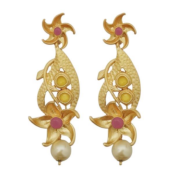 Kriaa Pink Austrian Stone Pearl Drop Gold Plated Dangler Earrings - 1313116E