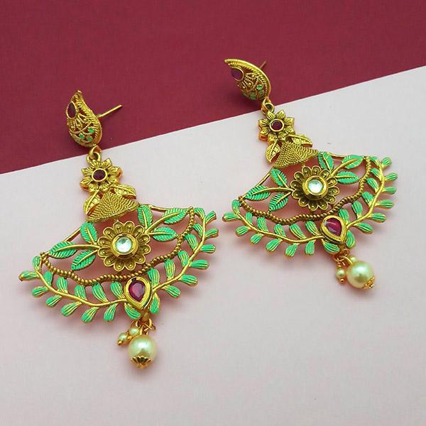 Nikita Arts Gold Plated Stone And Green Meenakari Copper Matte Dangler Earrings - 1313118C