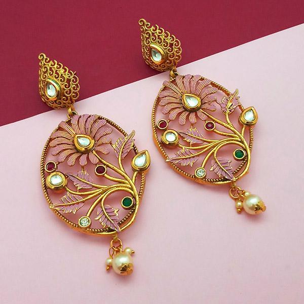 Nikita Arts Gold Plated Stone And Pink Meenakari Copper Matte Dangler Earrings - 1313121D