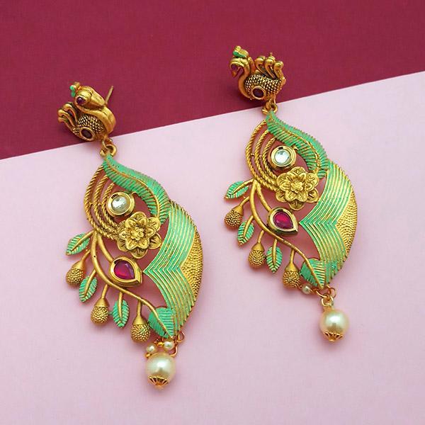 Nikita Arts Gold Plated Stone And Green Meenakari Copper Matte Dangler Earrings - 1313122C