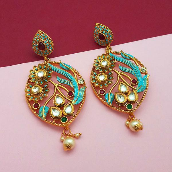 Nikita Arts Gold Plated Stone And Blue Meenakari Copper Matte Dangler Earrings - 1313123A