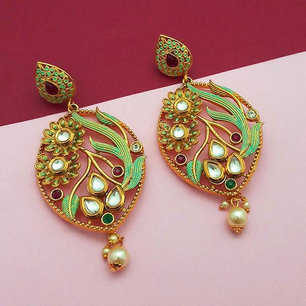 Nikita Arts Gold Plated Stone And Green Meenakari Copper Matte Dangler Earrings - 1313123C