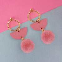 Urthn Pink Wood Pom Pom Earrings - 1313204A