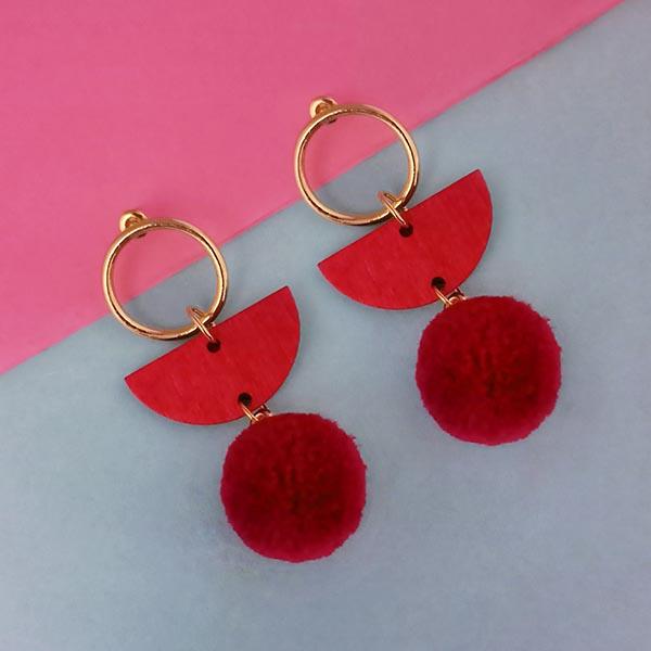 Urthn Gold Plated Maroon Wood Pom Pom Earrings - 1313204C