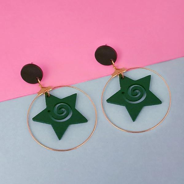 Urthn Green Star Design Wood Dangler Earrings - 1313206C