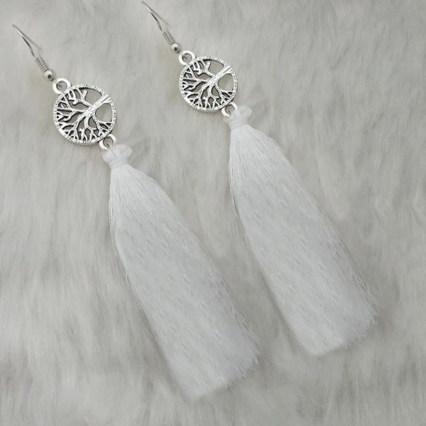 Tip Top Fashions White Thread Rhodium Plated Tassel Earrings - 1313322E